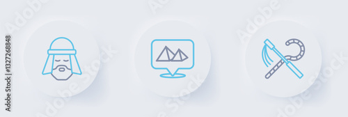 Set line Crook and flail, Egypt pyramids and Egyptian man icon. Vector