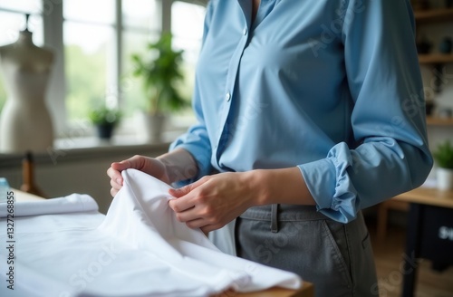 Woman tailor hands with white fabric, close up