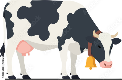 A detailed flat illustration of a black and white dairy cow with a bell standing in a serene pasture setting creating a cheerful mood vector illustration