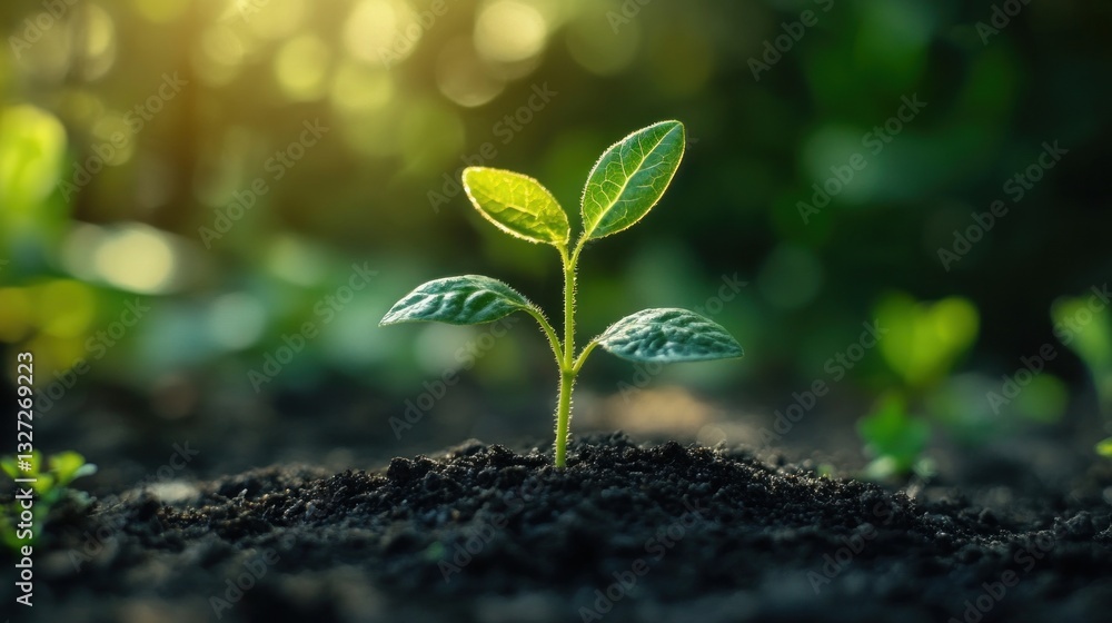 Sprout Emerging from Soil, Sunlight, Lush Garden Background Sprout Emerging from Soil, Sunlight, Lush Garden Background