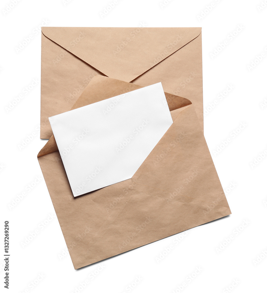 Envelopes isolated with card on white, top view. Mockup for design Envelopes isolated with card on white, top view. Mockup for design