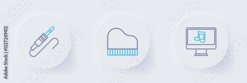 Set line Computer with music note, Grand piano and Audio jack icon. Vector