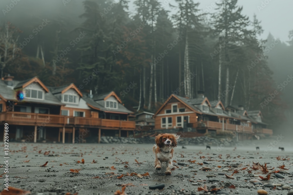 Fototapeta premium A dog is standing on a beach near a row of houses