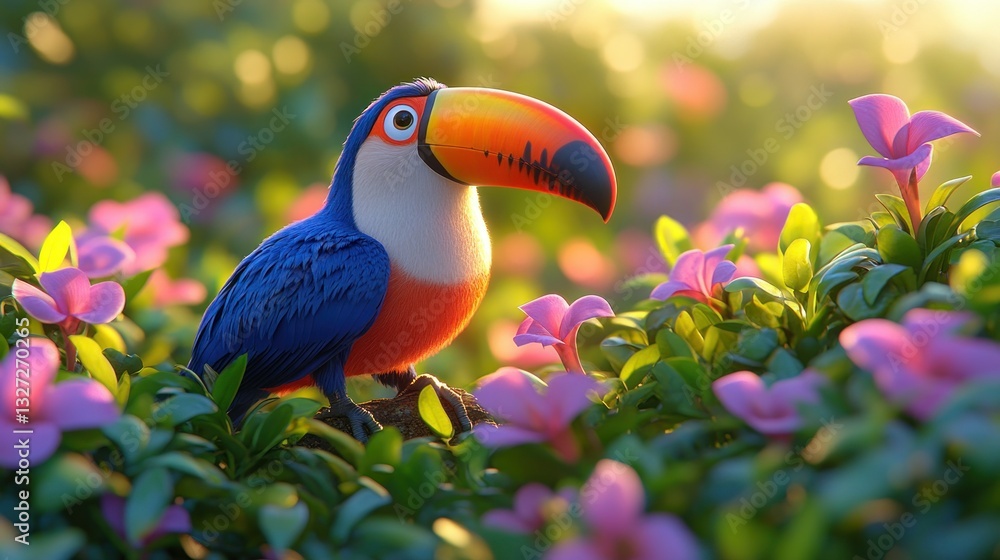 Fototapeta premium Cute toucan in a floral garden