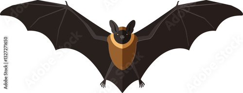 A detailed vector illustration of a bat with outstretched wings showcasing a minimalistic design and rich colors against a plain background representing nocturnal wildlife in vector art