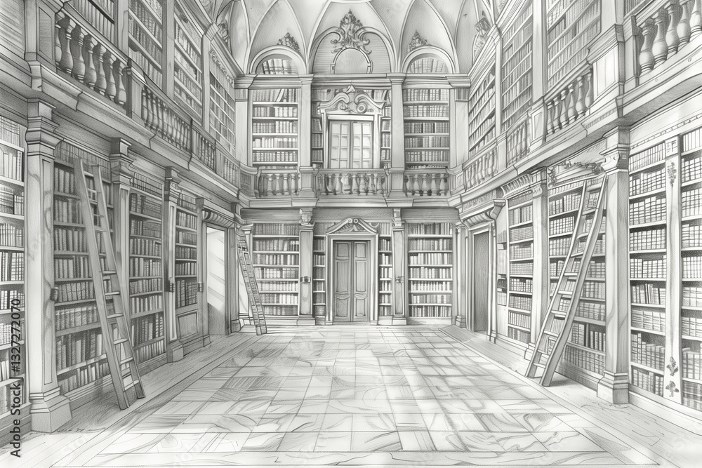 Fototapeta premium A detailed illustration of an elegant library with towering bookshelves and grand architecture.