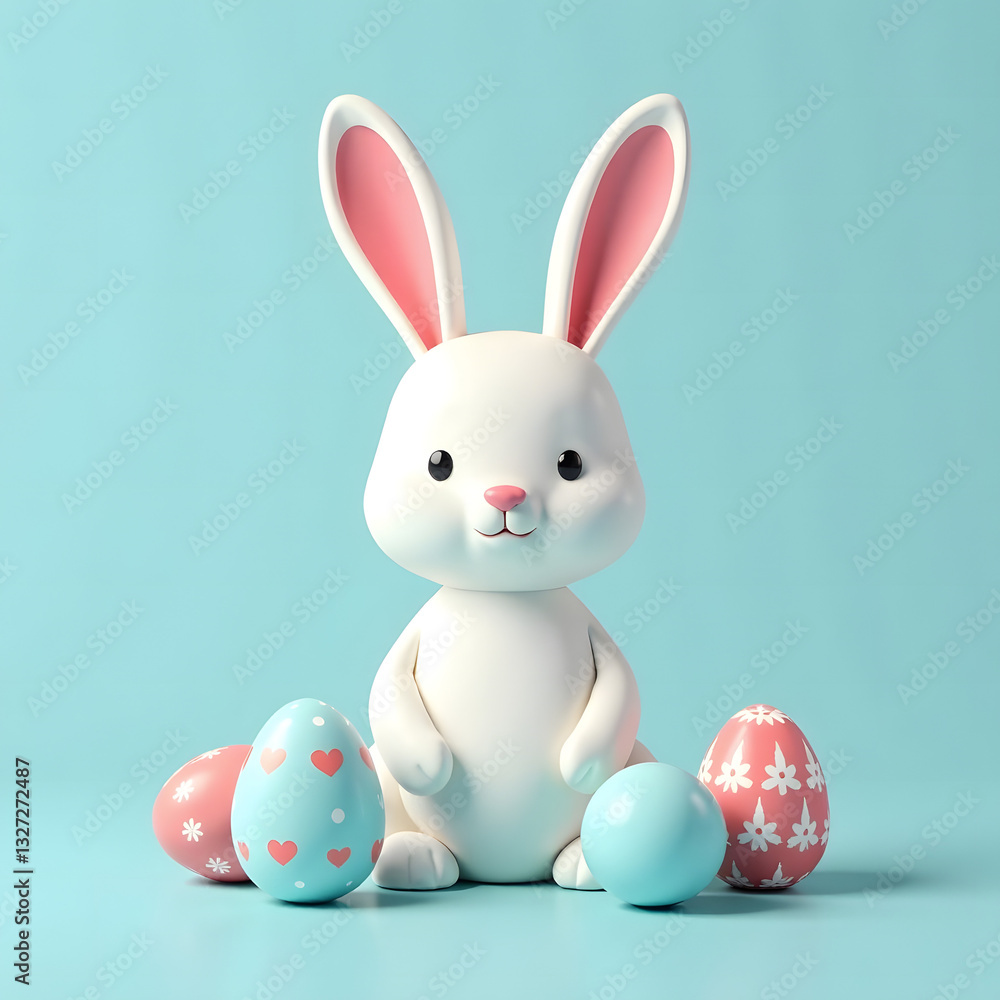 White rabbit sitting next to pastel-colored Easter eggs on a light blue background. Festive and cheerful holiday concept White rabbit sitting next to pastel-colored Easter eggs on a light blue background. Festive and cheerful holiday concept