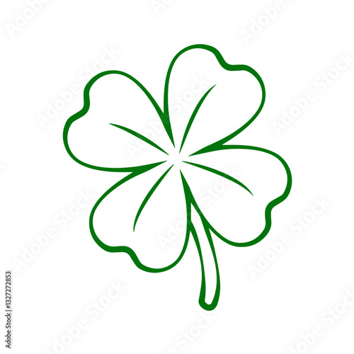 Green Four-Leaf Clover with Round Leaves and Waves at Edges, Stem Pointing Down. St. Patrick's Day Symbol, Irish Tradition.



