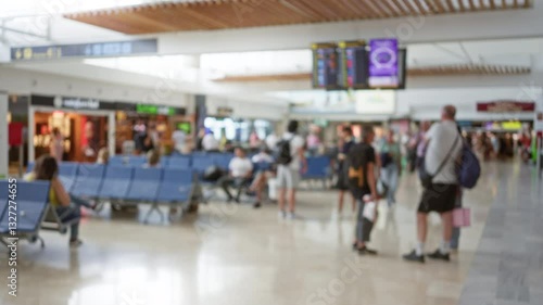 Defocused airport terminal with blurred travelers, showing a waiting area with empty seats, stores, flight information boards, and travelers with luggage.