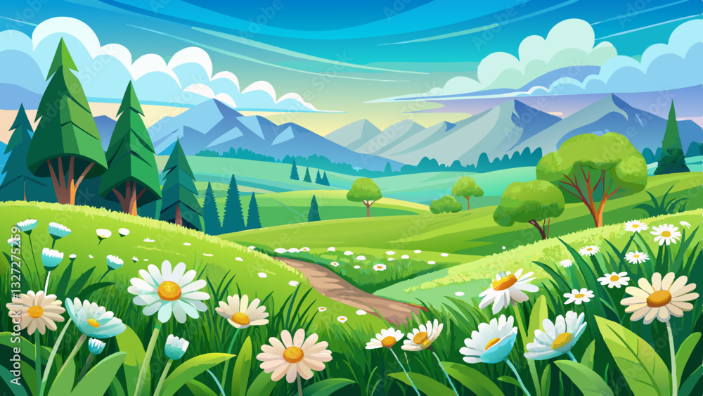 Naklejka premium Beautiful spring and summer natural panoramic pastoral landscape with blooming field of daisies in the grass in the hilly countryside.