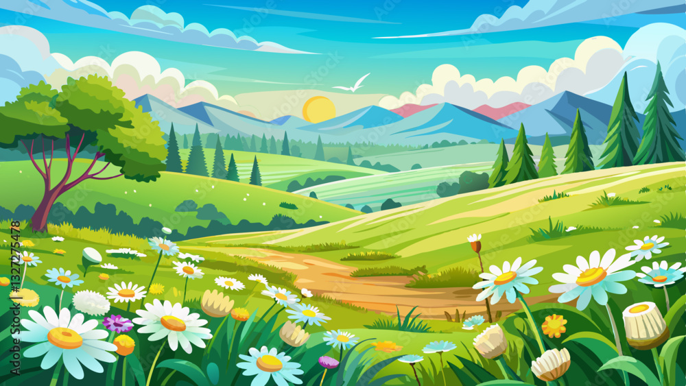 Naklejka premium Beautiful spring and summer natural panoramic pastoral landscape with blooming field of daisies in the grass in the hilly countryside.