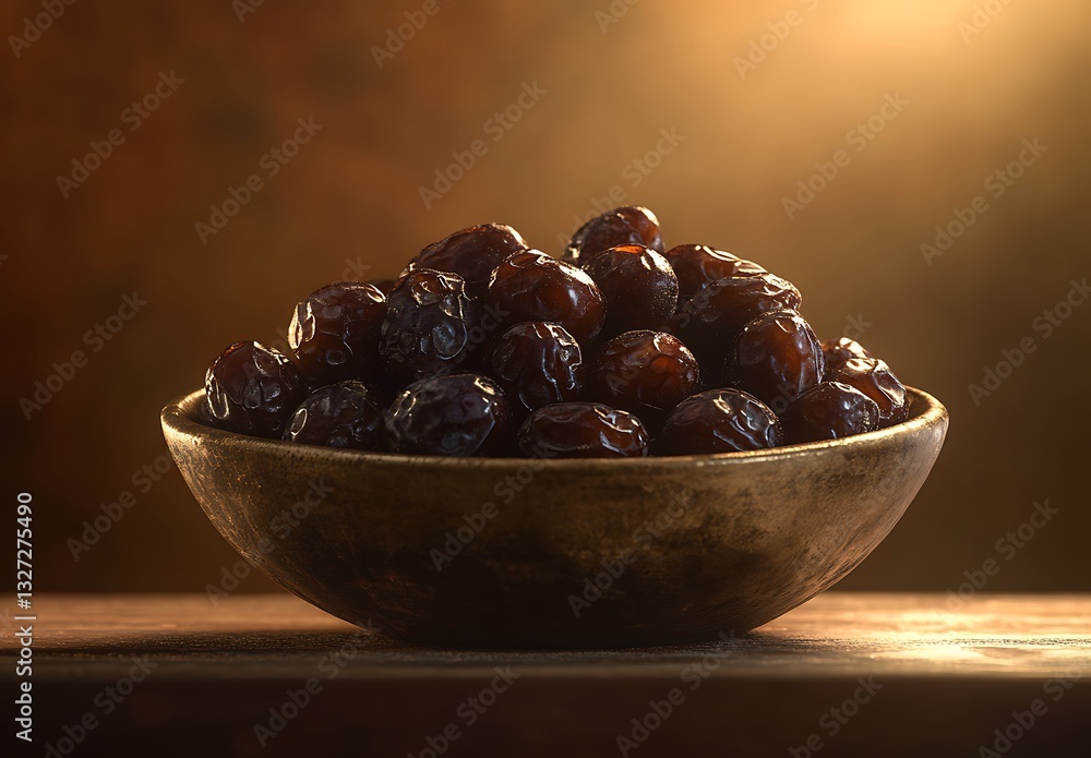 Rustic Bowl of Shiny Dates in Warm Light Rustic Bowl of Shiny Dates in Warm Light