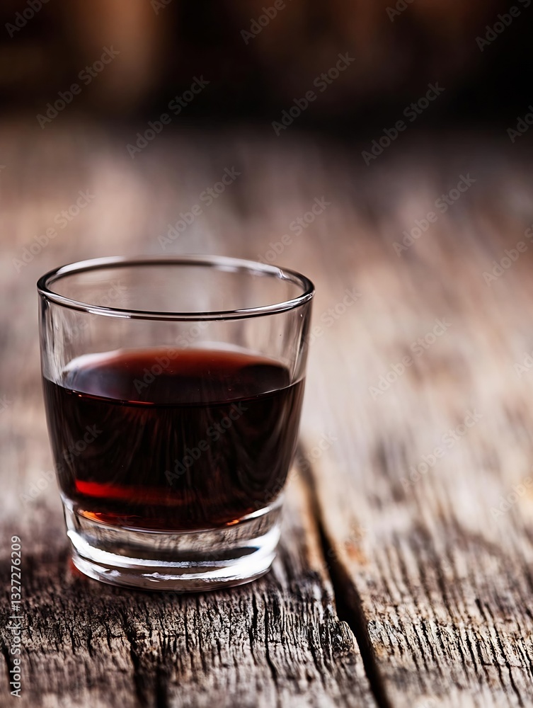 Fototapeta premium Elegant Glass of Dark Beverage on Rustic Wooden Table Perfect for Relaxing Moments : Generative AI