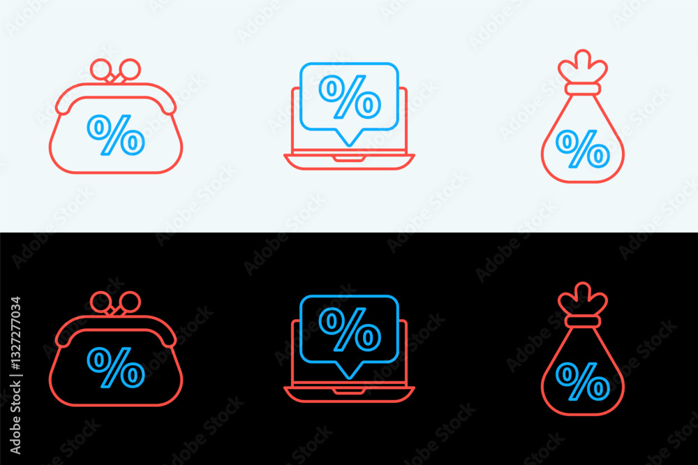 Φωτογραφία Set line Money bag with percent, Purse money and Percent discount and laptop icon