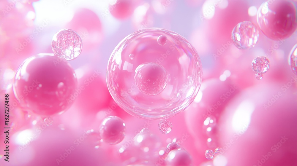 Pink and Clear Bubbles Floating in a Soft Blurred Background Pink and Clear Bubbles Floating in a Soft Blurred Background
