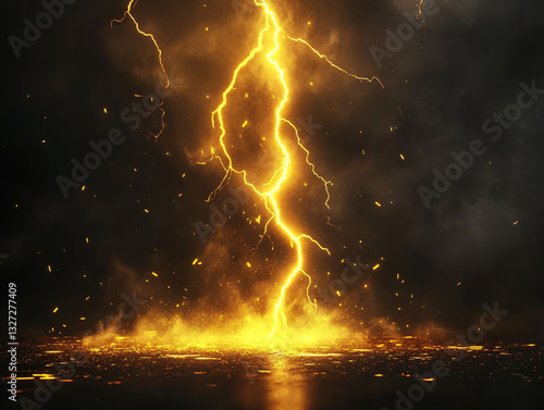 Lightning, yellow lightning isolated on a black background,