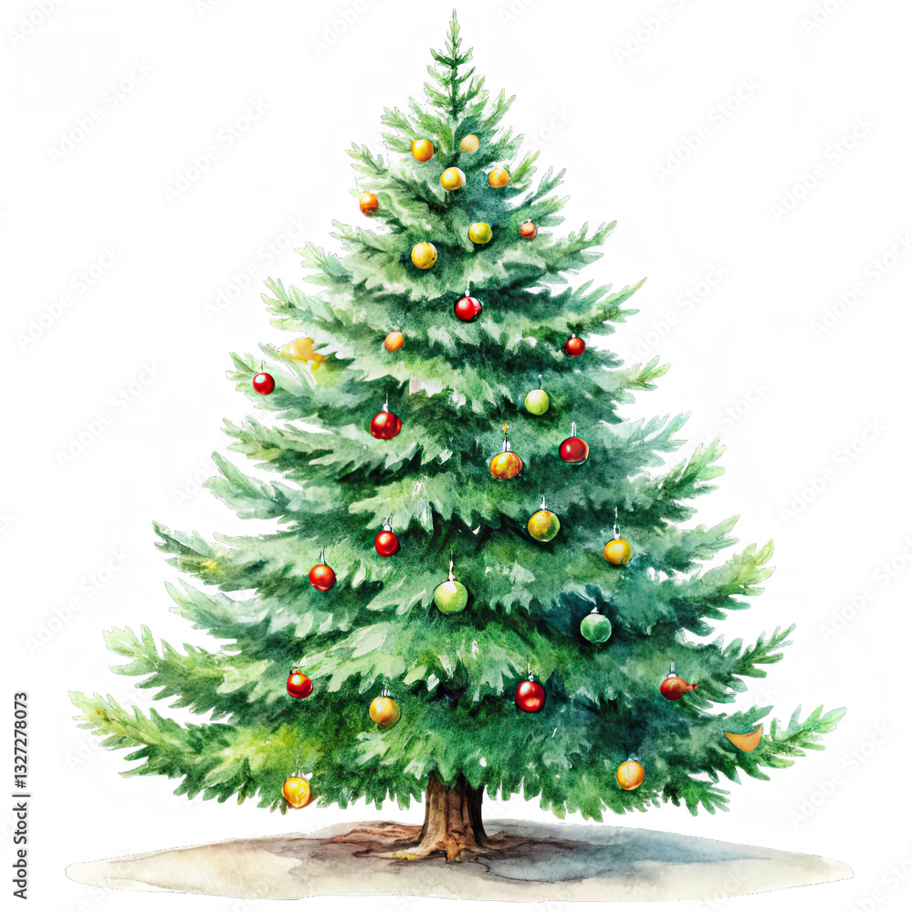 Fototapeta premium Evergreen tree stands tall with vibrant ornaments hanging from its branches capturing the joyful spirit of the holiday season and winter festivities