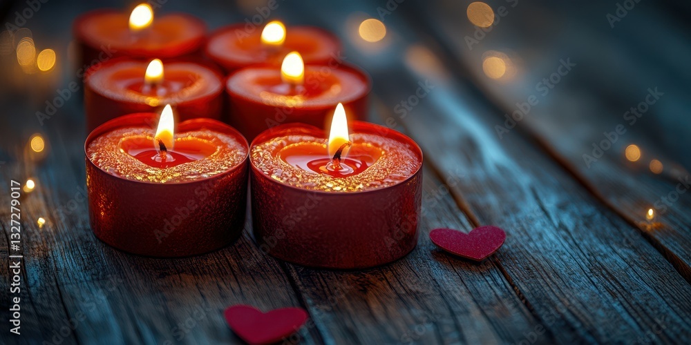 Warm candlelight illuminates a romantic setting with red candles and hearts on a wooden table Warm candlelight illuminates a romantic setting with red candles and hearts on a wooden table
