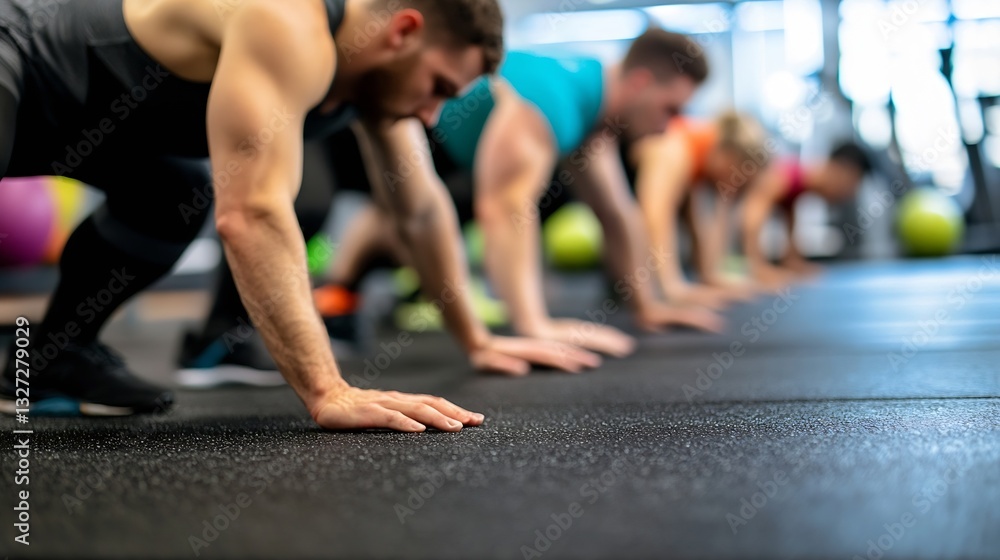 Focused group of people performing pushups in a fitness class with determination and effort : Generative AI Focused group of people performing pushups in a fitness class with determination and effort : Generative AI