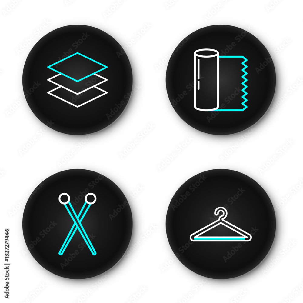 Obraz premium Set line Hanger wardrobe, Knitting needles, Textile fabric roll and Layers clothing textile icon. Vector