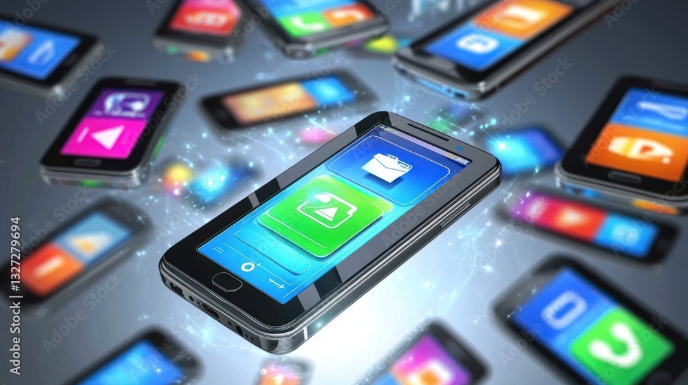 Many Modern Smartphones Displaying Different Application Icons In A Cluster Many Modern Smartphones Displaying Different Application Icons In A Cluster