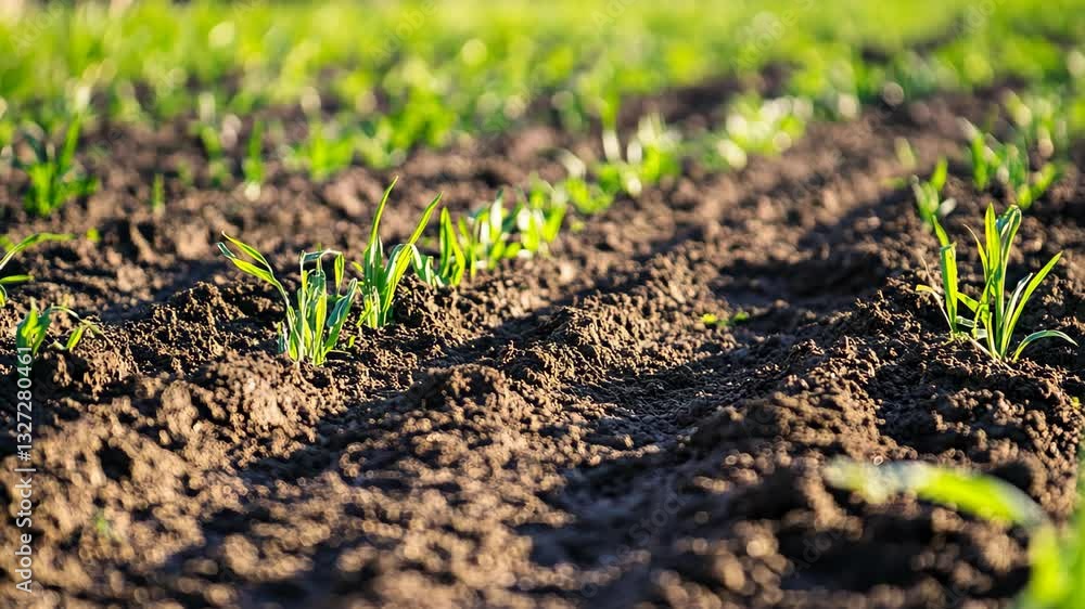 Healthy green shoots emerging from freshly tilled soil on a sunny day in the countryside Healthy green shoots emerging from freshly tilled soil on a sunny day in the countryside