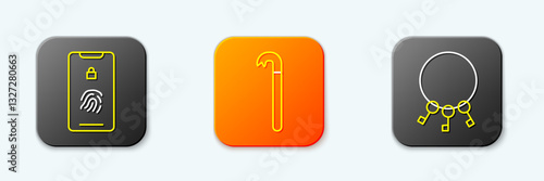 Set line Mobile with fingerprint scan, Crowbar and Bunch of keys icon. Vector
