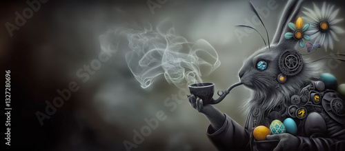 Banner with Easter bunny smoking a pipe and Easter eggs by steampunk style. 