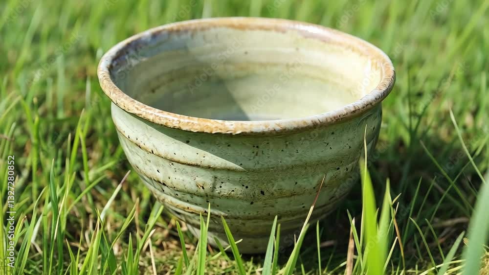 Handmade ceramic bowl resting on vibrant green grass in natural sunlight showcasing intricate texture Handmade ceramic bowl resting on vibrant green grass in natural sunlight showcasing intricate texture