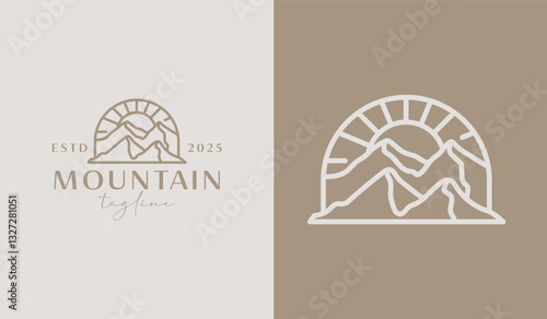 Mountain and Sun Rays, Mount Peak Hill Nature Landscape view for Adventure Outdoor logo template