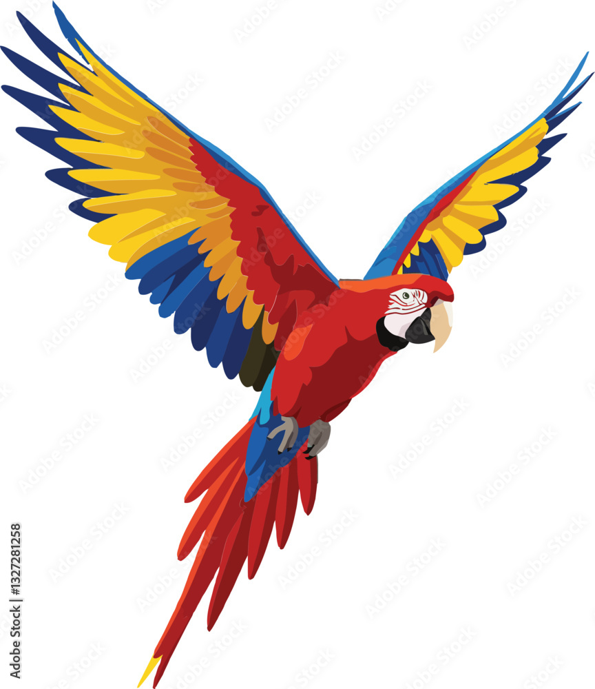 Fototapeta premium Vibrant red and yellow macaw soaring through clear sky in flat design vector art
