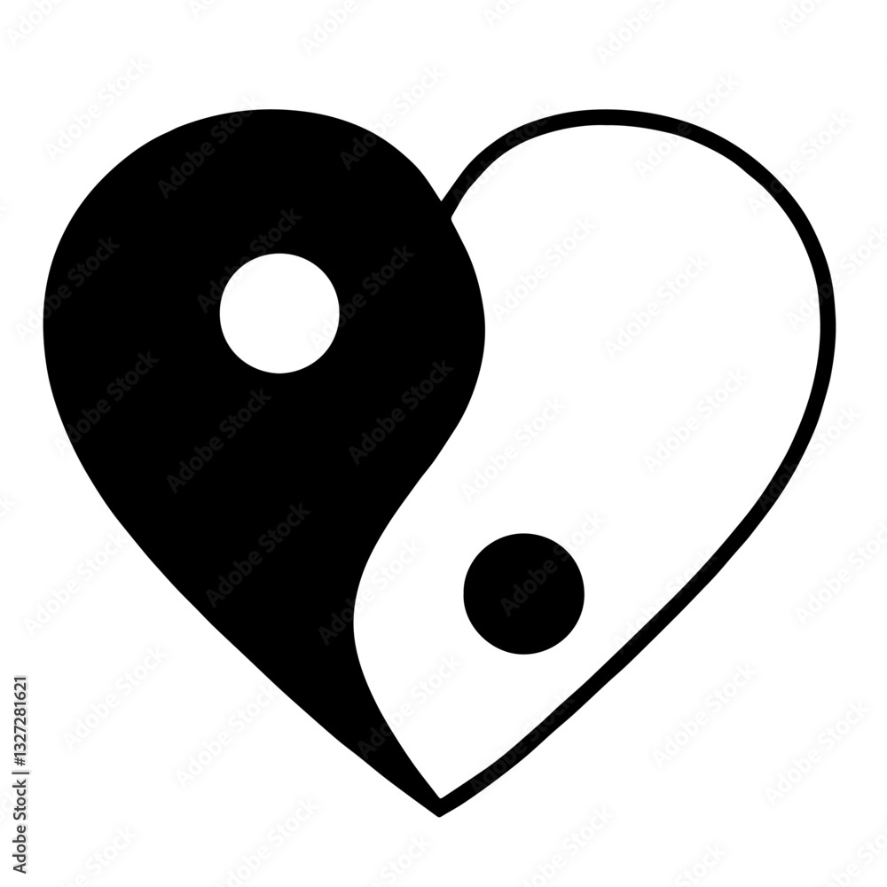 Heart symbol combining elements of yin and yang with black and white halves, symbolizing balance, harmony, and zen philosophy. Heart symbol combining elements of yin and yang with black and white halves, symbolizing balance, harmony, and zen philosophy.