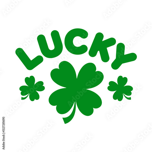 "LUCKY" written in green letters, with a large four-leaf clover and two smaller clovers on each side, symbolizing good fortune and St. Patrick’s Day celebration.