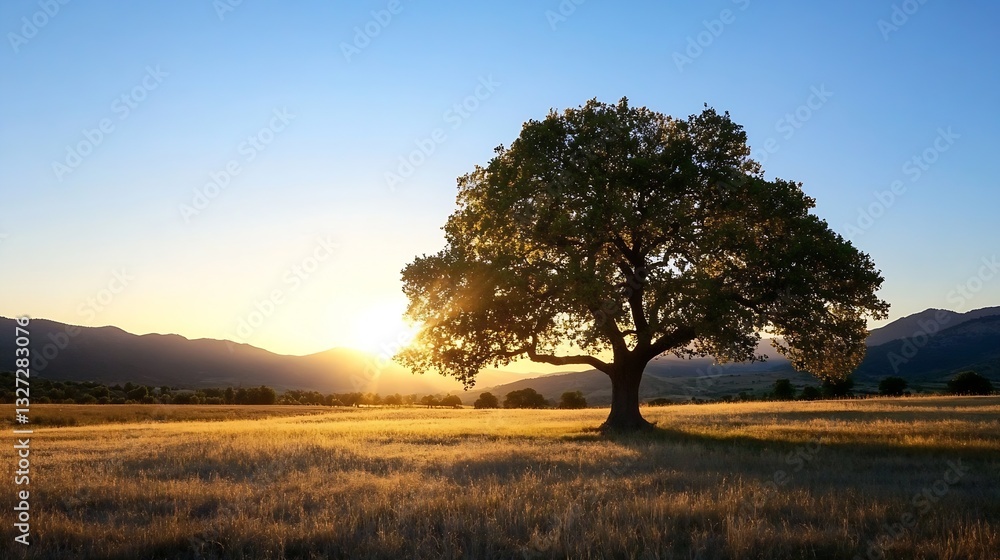 Fototapeta premium Majestic solitary tree under a beautiful golden sunset in a serene landscape : Generative AI