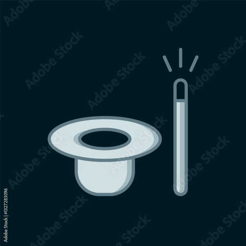 Line Magic hat and wand icon isolated on black background. Magic trick. Mystery entertainment concept. Flat filled outline style with shadow. Vector