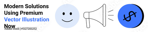 happy face, megaphone amplifying communication, and dollar sign symbolizing monetary success. Ideal for advertising, marketing, financial planning, branding, communication concepts, e-commerce flat