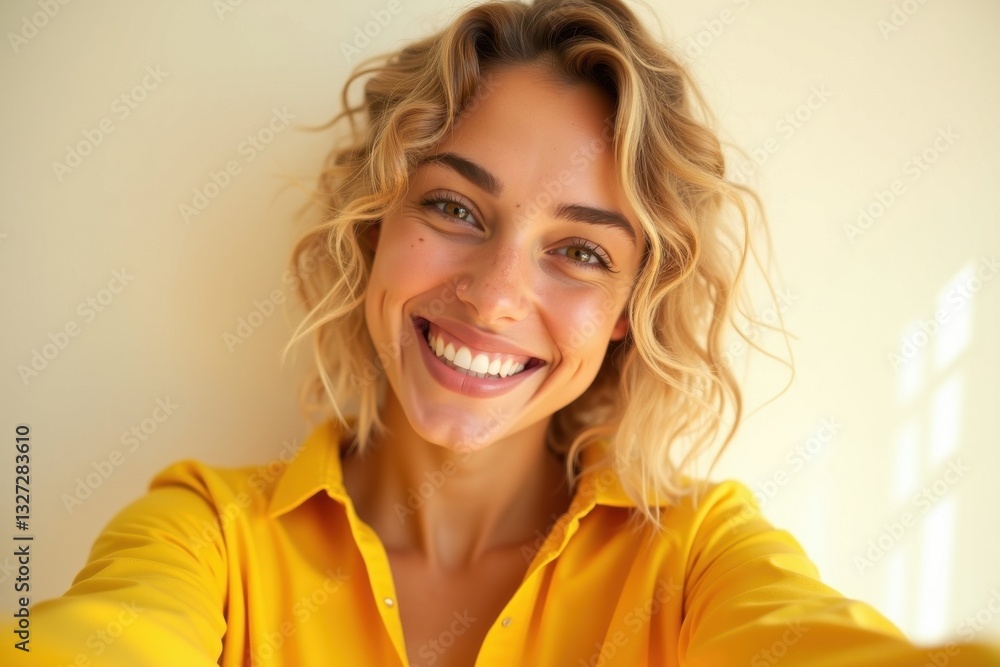 Smiling woman in yellow shirt enjoys sunny moment Smiling woman in yellow shirt enjoys sunny moment
