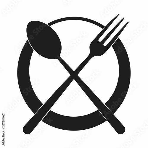 A spoon and fork crossing over a plate in a sleek style with white background