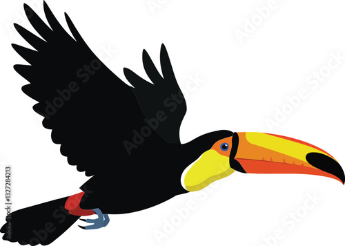 Colorful toucan soaring through a bright sky in a minimal flat design style vector art
