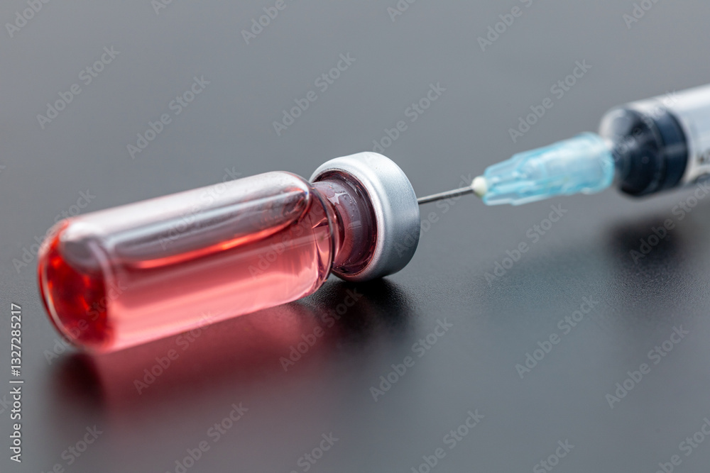 Syringe with red liquid on a black background representing medical injection and healthcare. Syringe with red liquid on a black background representing medical injection and healthcare.