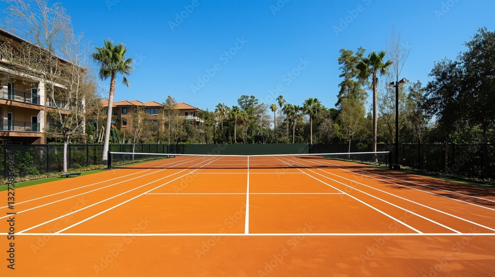 Fototapeta premium Clay Tennis Court in a Tropical Resort Setting - Outdoor Sports Facility