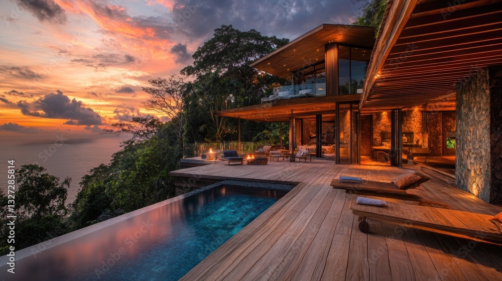 Fototapeta premium Elegant luxury retreat with a private pool, wooden deck, and a stunning sunset view.