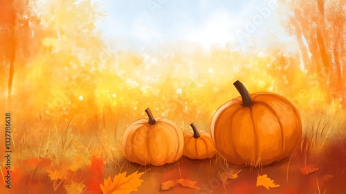 Autumn pumpkins in forest with falling leaves