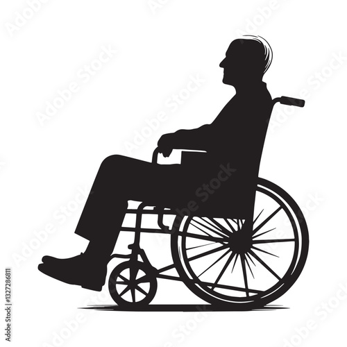Serious Old Man Sitting in a Wheelchair silhouette, deeply focused on life’s lessons - Old Man illustration - Minimalist Old Man vector - Wise elder
