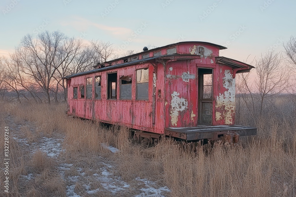 Obraz premium Abandoned railway caboose left in tall grass at sunset near a quiet rural track