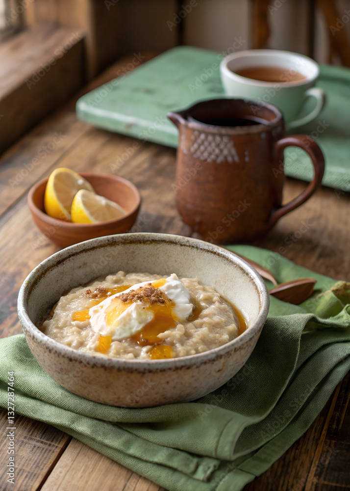 Traditional Irish breakfast with oatmeal and honey, cozy morning meal, St. Patrick’s Day rustic breakfast Traditional Irish breakfast with oatmeal and honey, cozy morning meal, St. Patrick’s Day rustic breakfast