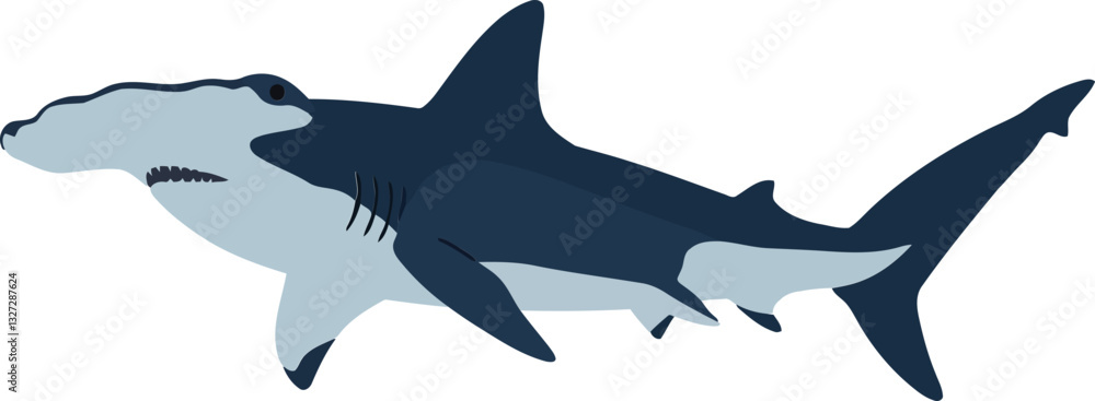 A sleek and powerful hammerhead shark swimming gracefully in the ocean, featuring a minimal and flat design style, vector illustration