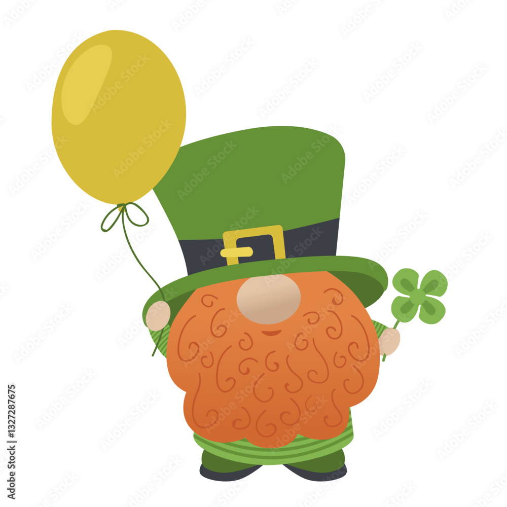 Fototapeta premium Cute leprechaun holding a clover leaf and a balloon. Cartoon happy elf, dwarf, bearded little man. Vector illustration isolated on white background. St. Patrick s Day icon, Irish mythology, fantasy