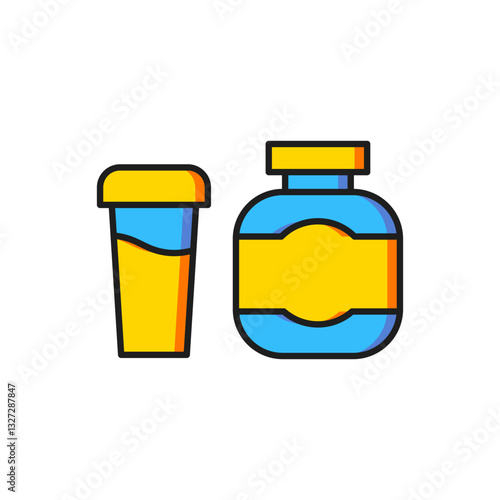 Color Sports nutrition bodybuilding proteine power drink and food icon isolated on white background. Flat filled outline style with shadow. Vector