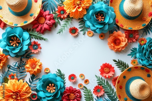 Obraz na płótnie Festive Cinco de Mayo Floral Frame with Straw Hats w salonie